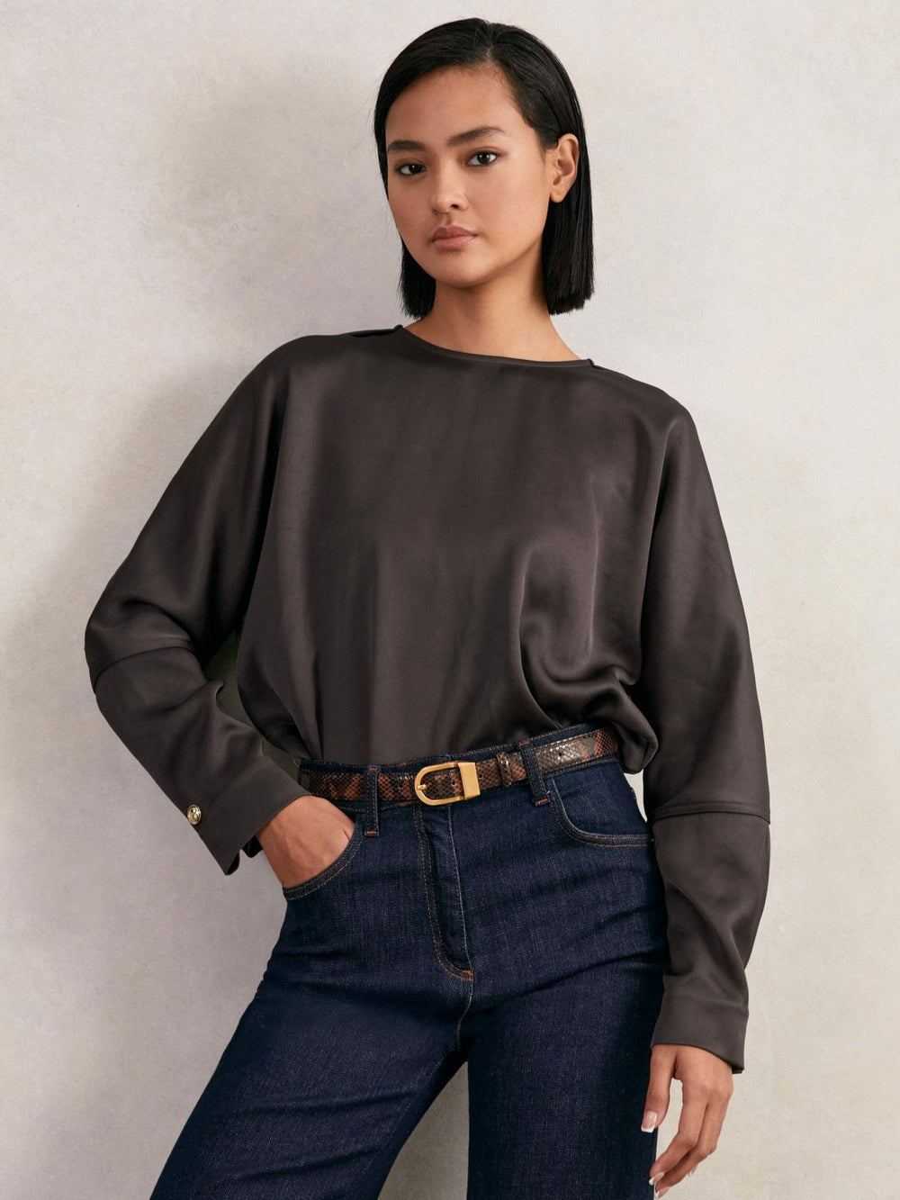 Reiss | Satin Button-Back Long-Sleeve Top in Mauve