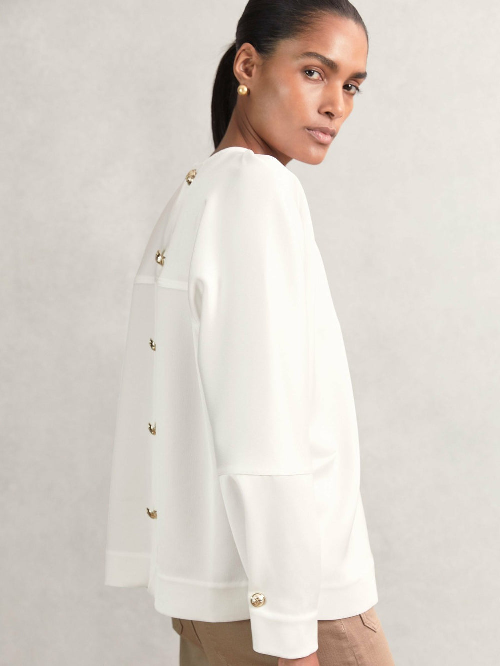 Reiss | Satin Button-Back Long-Sleeve Top in Ivory