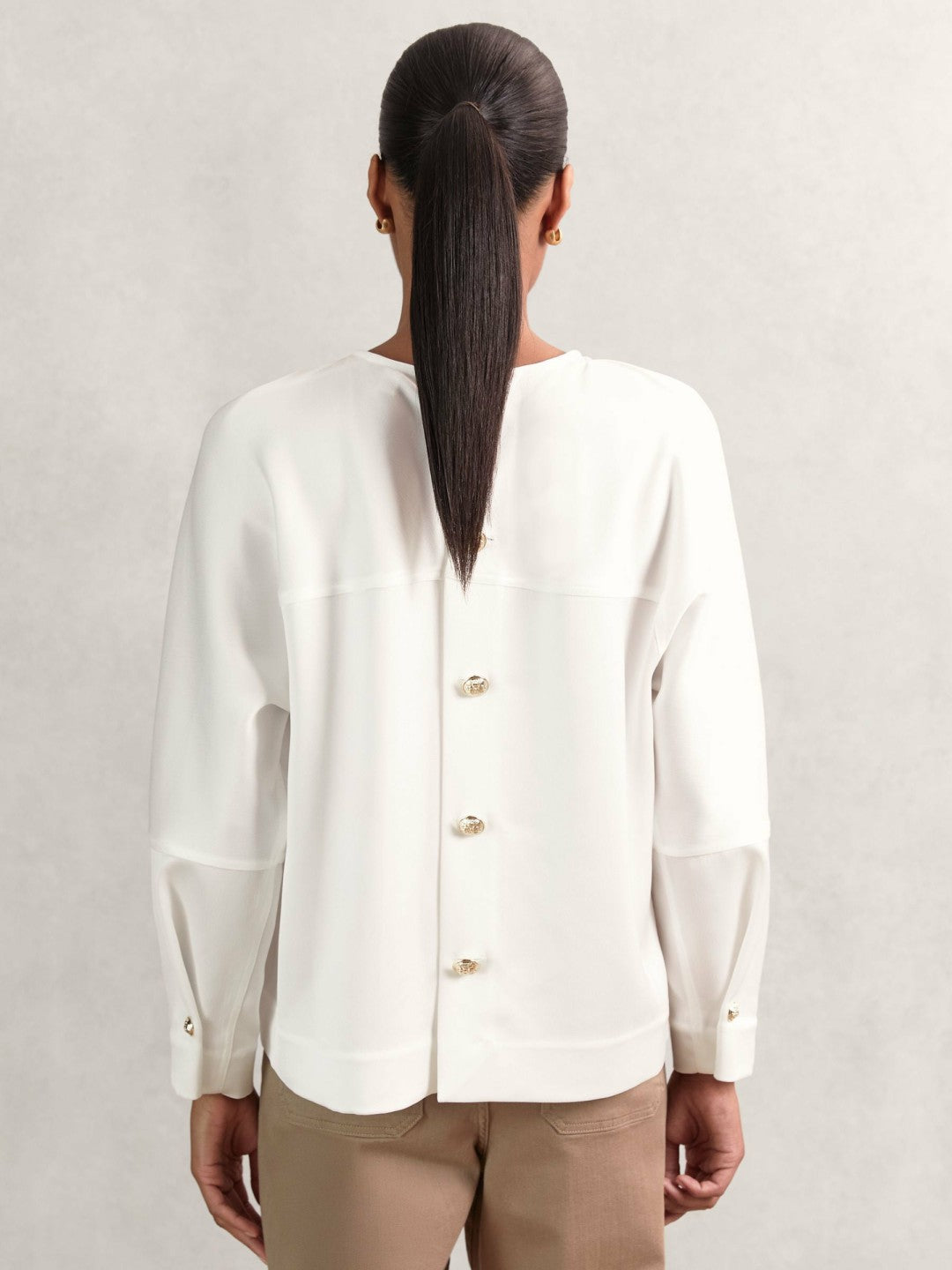 Reiss | Satin Button-Back Long-Sleeve Top in Ivory