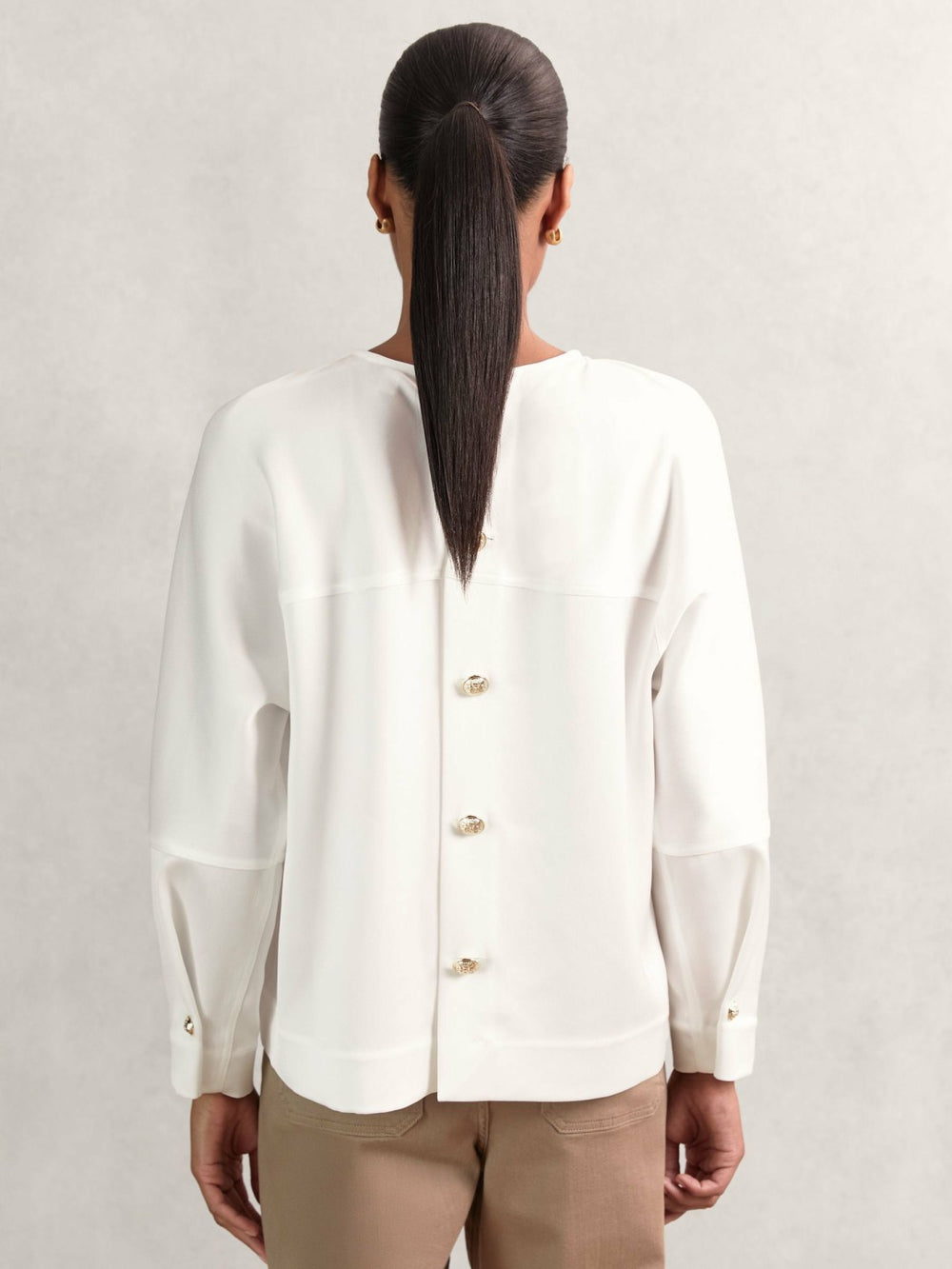 Reiss | Satin Button-Back Long-Sleeve Top in Ivory