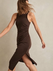Reiss | Jersey Ruched Racer Midi Dress in Chocolate Brown