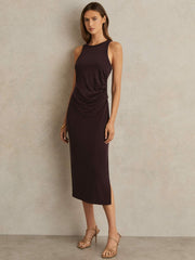Reiss | Jersey Ruched Racer Midi Dress in Burgundy
