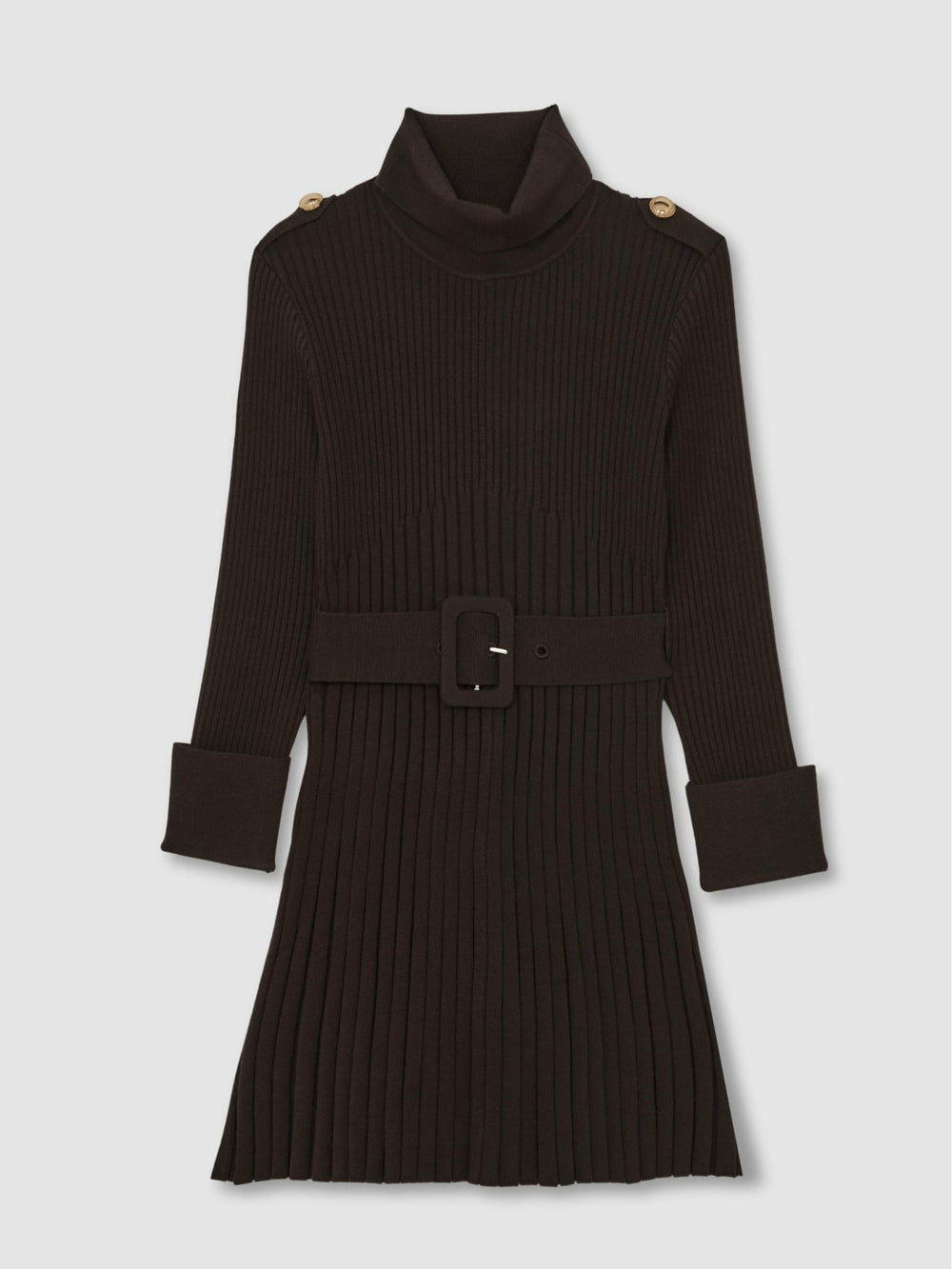 Reiss | 9-13 yrs Rib-Knit Roll-Neck Belted Dress in Chocolate