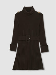 Reiss | 9-13 yrs Rib-Knit Roll-Neck Belted Dress in Chocolate