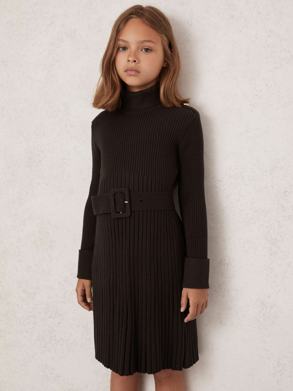 Reiss | 9-13 yrs Rib-Knit Roll-Neck Belted Dress in Chocolate