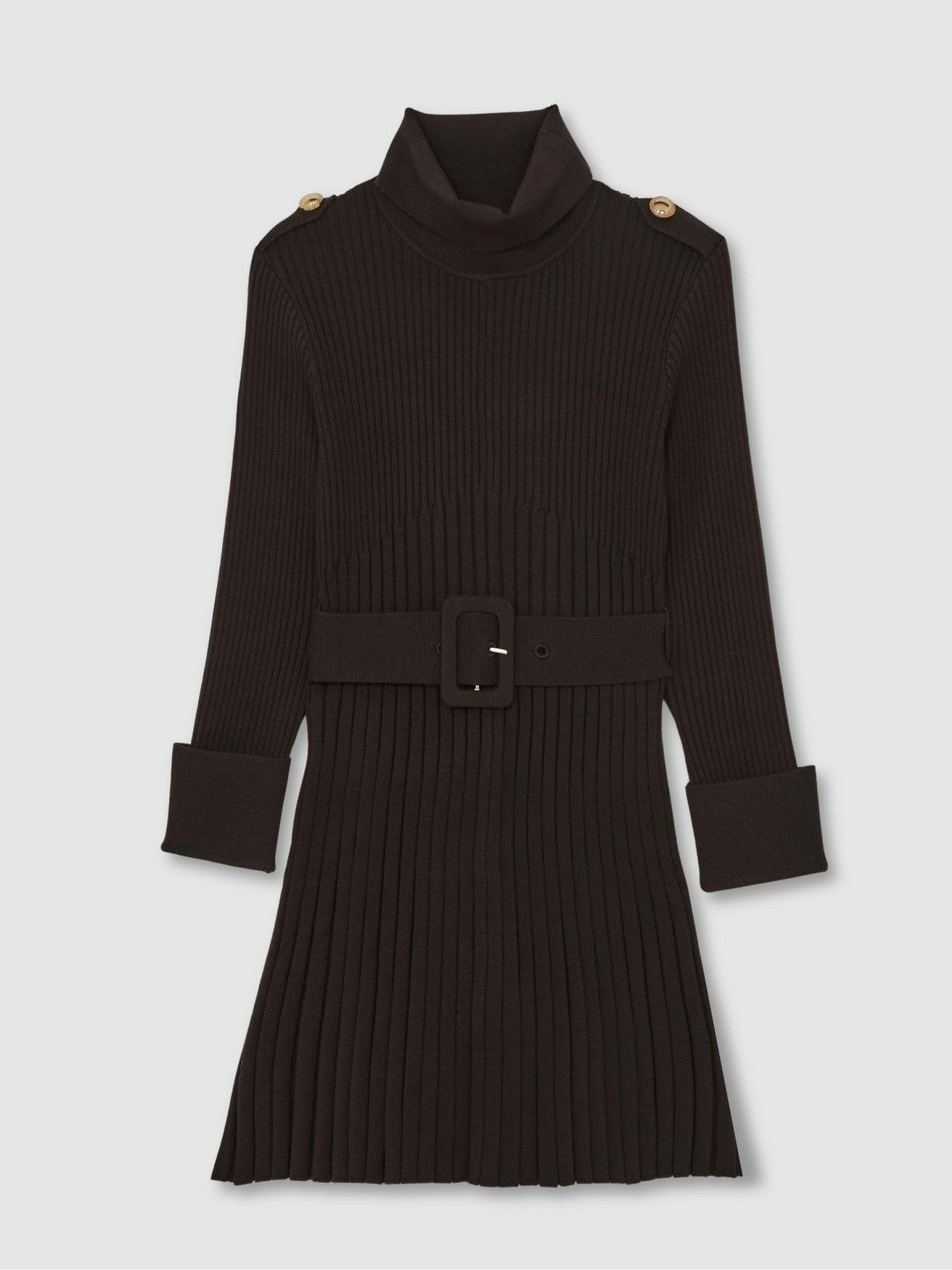 Reiss | 13-14 yrs Rib-Knit Roll-Neck Belted Dress in Chocolate