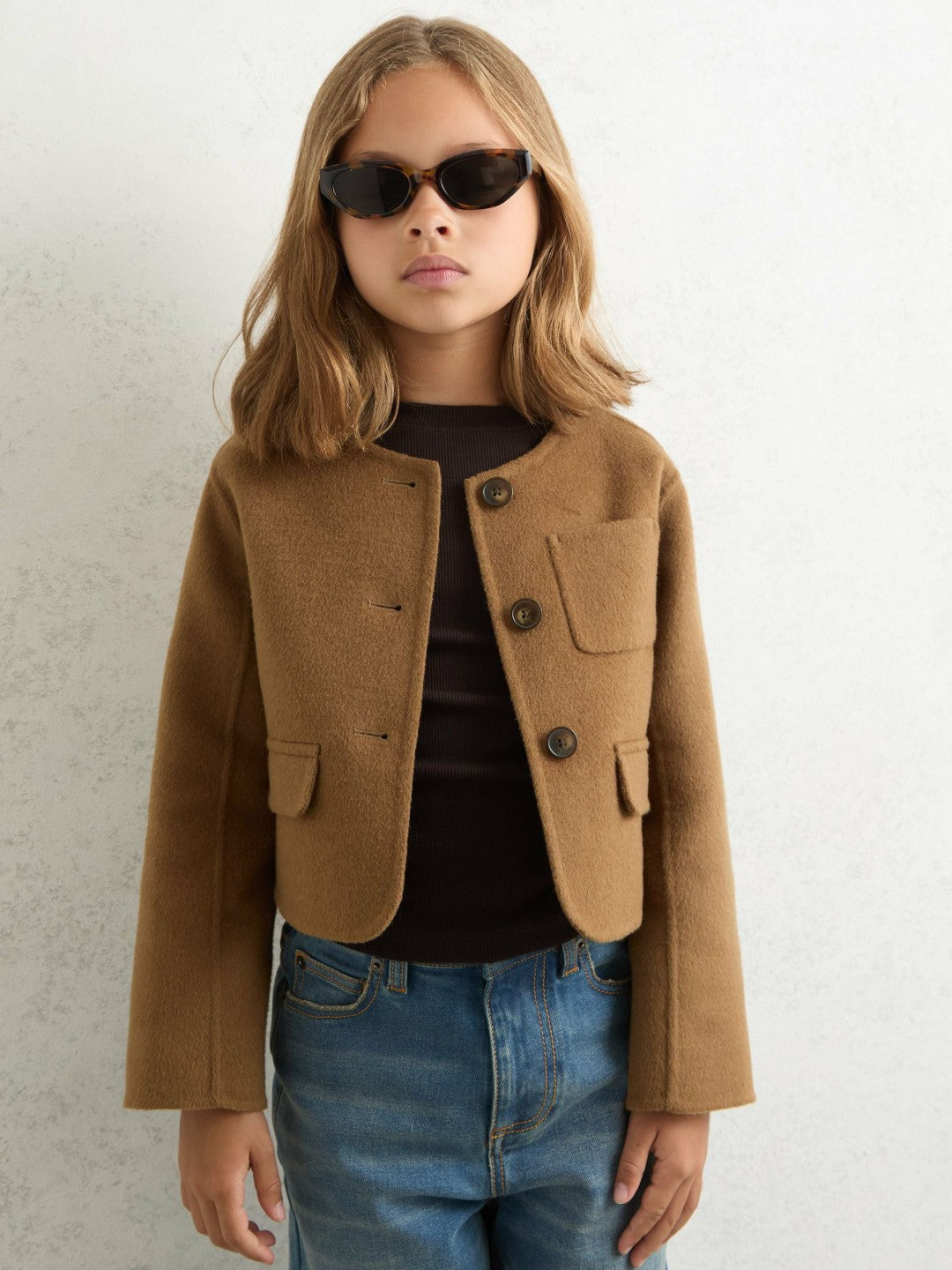 Reiss | 13-14 yrs Wool-Blend Cropped Collarless Jacket in Camel