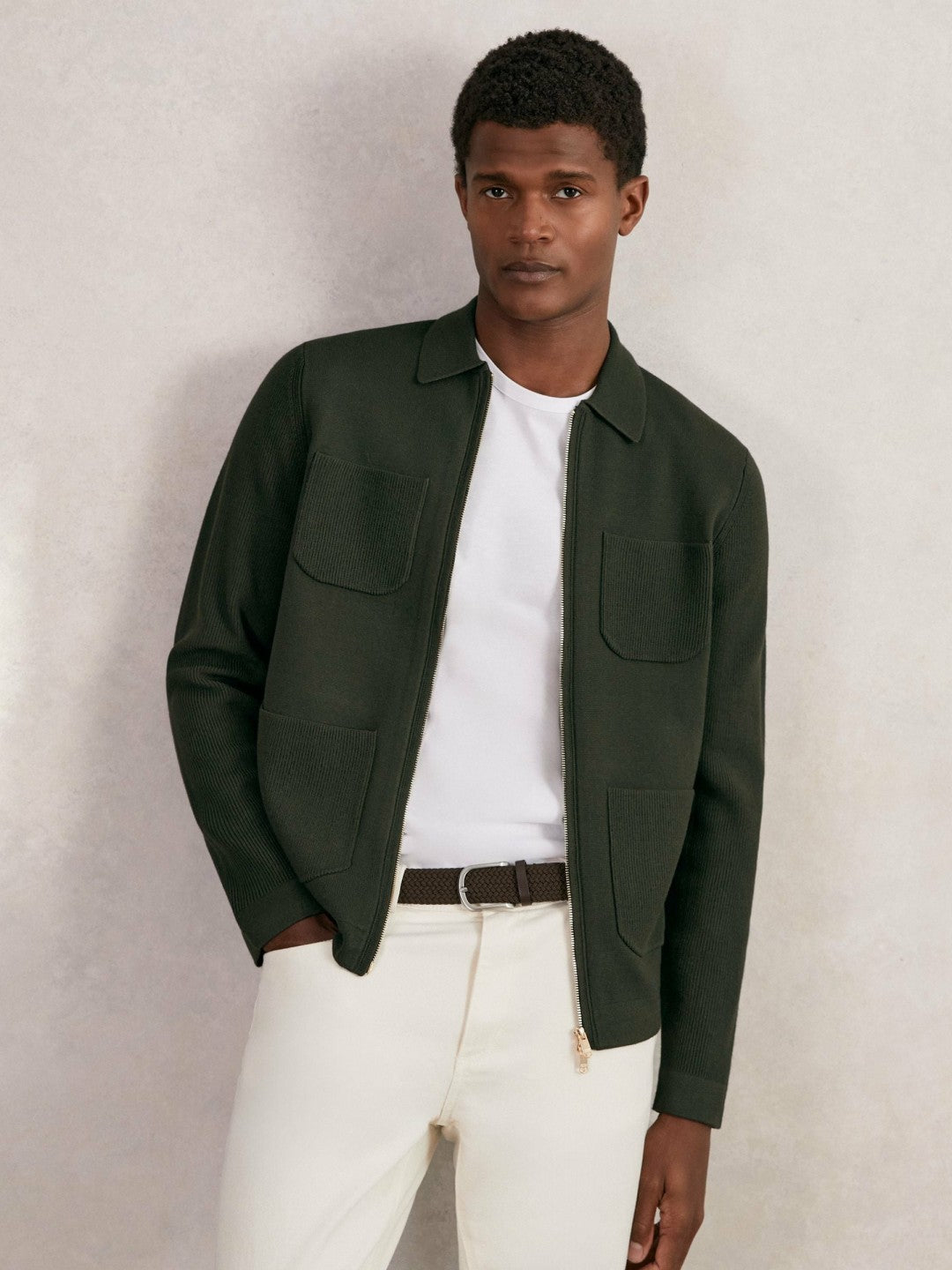 Reiss | Four-Pocket Zip-Through Cardigan in Forest Green