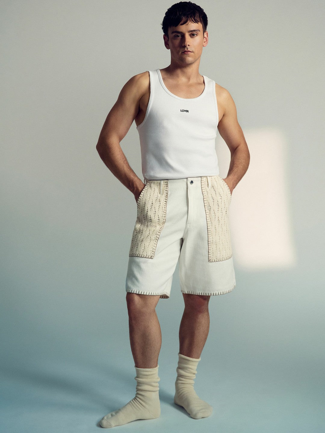 Reiss | | Tom Daley Crochet Denim Shorts in Off White