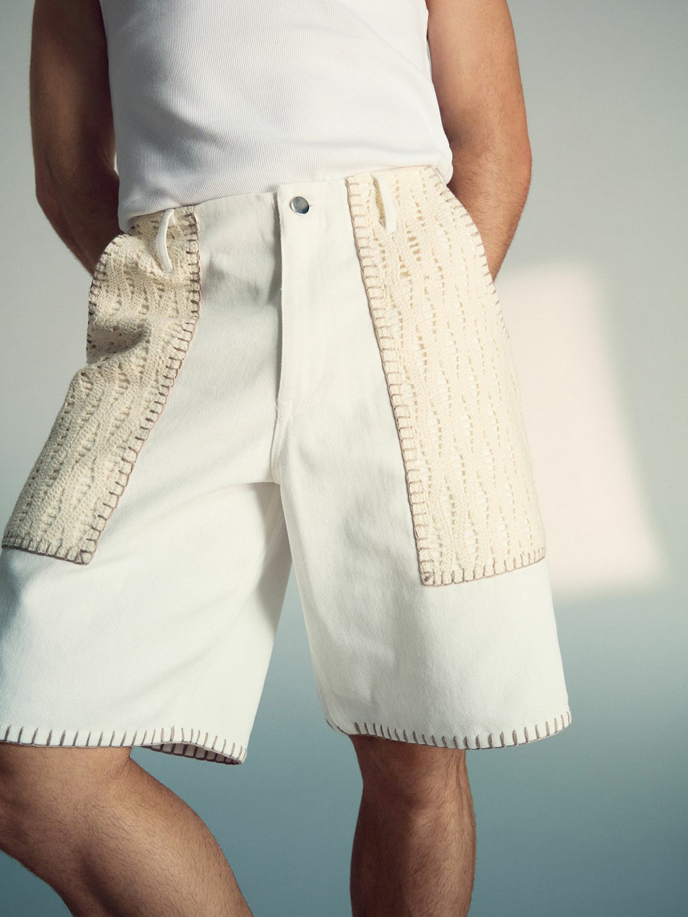 Reiss | | Tom Daley Crochet Denim Shorts in Off White
