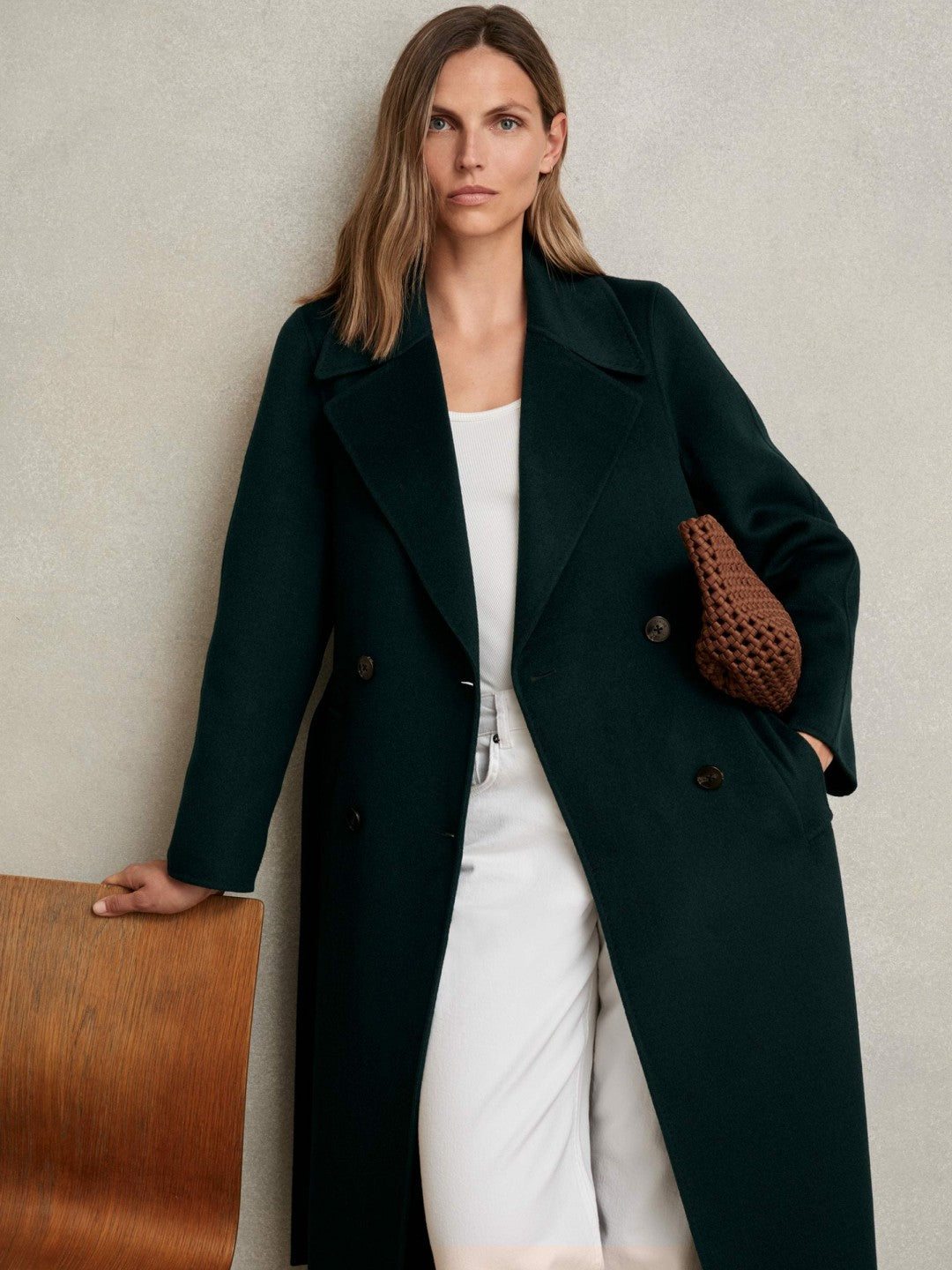 Reiss | Petite Double-Breasted Blindseam Coat Wool-Blend in Green