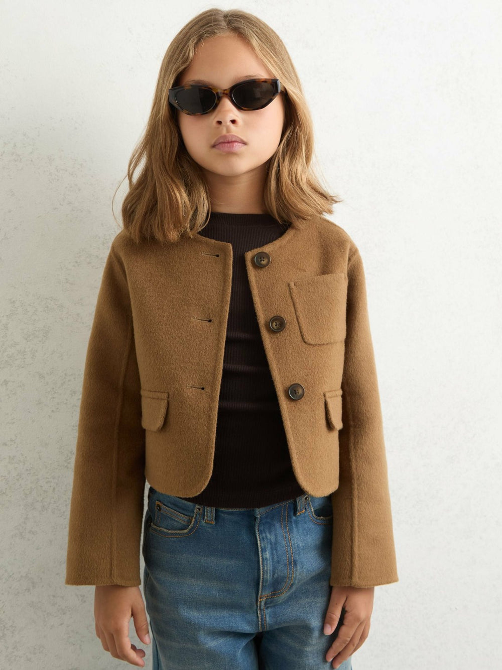 Reiss | 9-13 yrs Wool-Blend Cropped Collarless Jacket in Camel