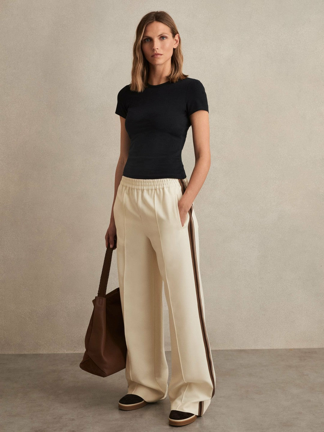 Reiss | Side-Stripe Wide-Leg Trousers in Cream