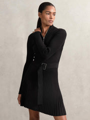 Reiss | Rib-Knit Belted Half-Zip Flippy Dress in Black