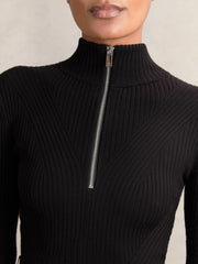 Reiss | Rib-Knit Belted Half-Zip Flippy Dress in Black