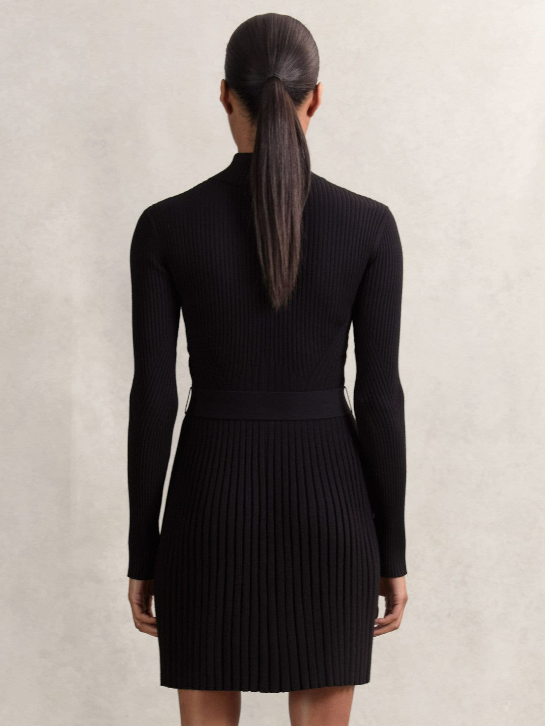 Reiss | Rib-Knit Belted Half-Zip Flippy Dress in Black
