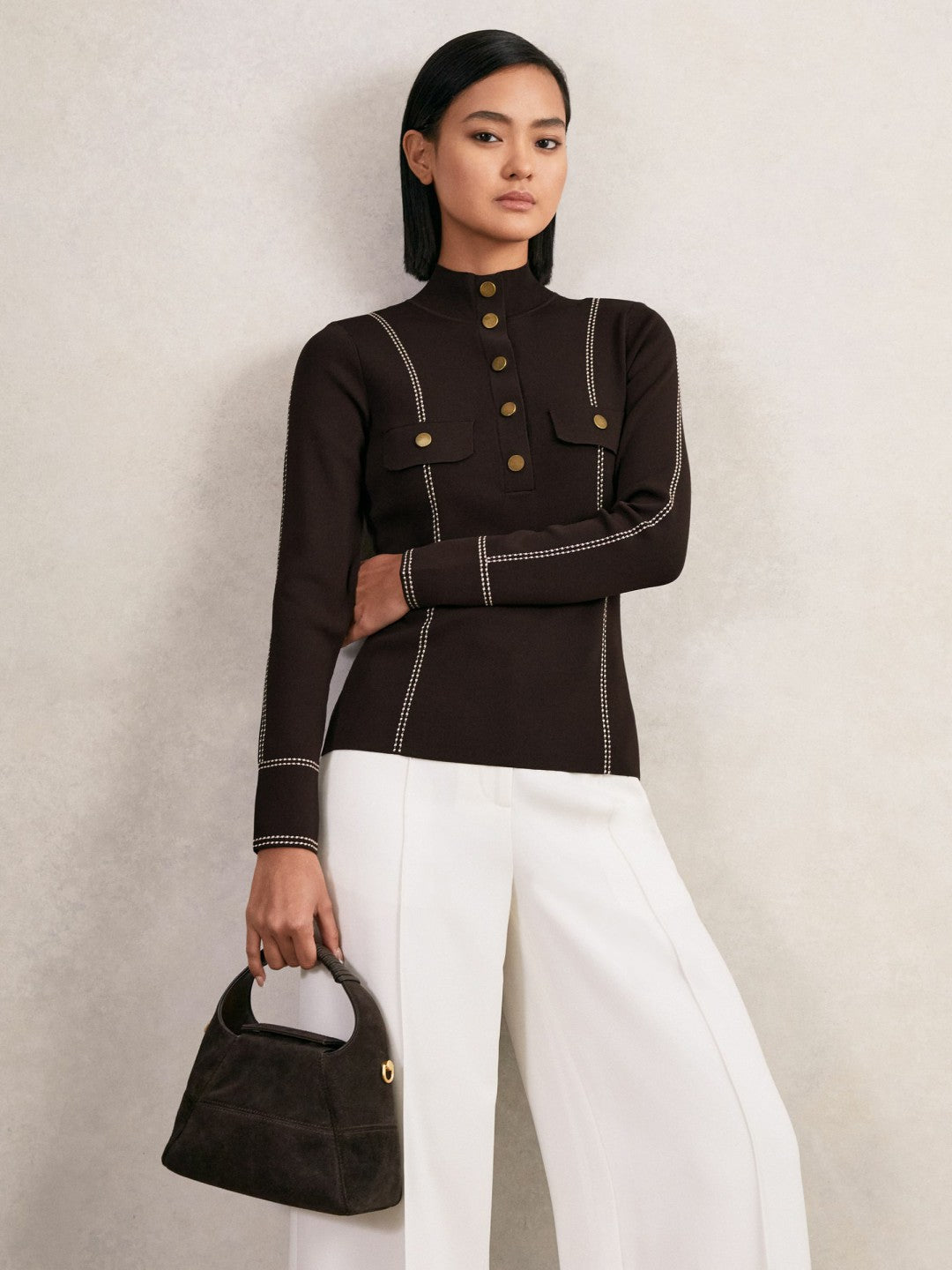 Reiss | Contrast-Stitch Knit Top in Burgundy