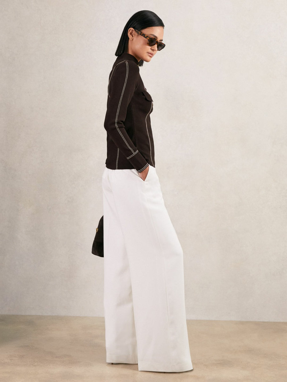 Reiss | Contrast-Stitch Knit Top in Burgundy