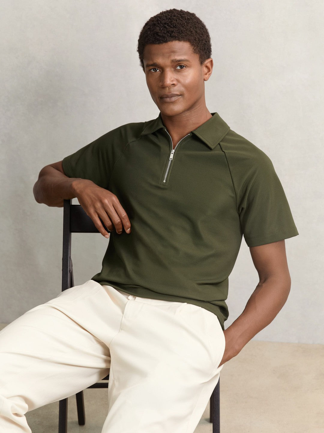 Reiss | Textured Raglan Half-Zip Polo Shirt in Green