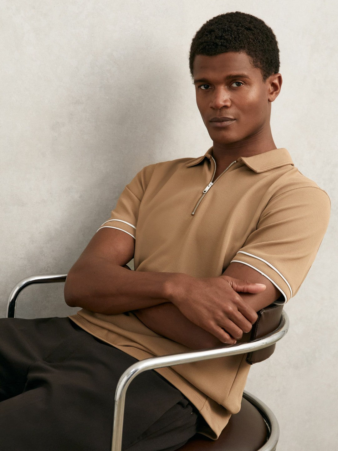 Reiss | Textured Half-Zip Tipped Polo Shirt in Camel