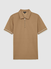 Reiss | Textured Half-Zip Tipped Polo Shirt in Camel