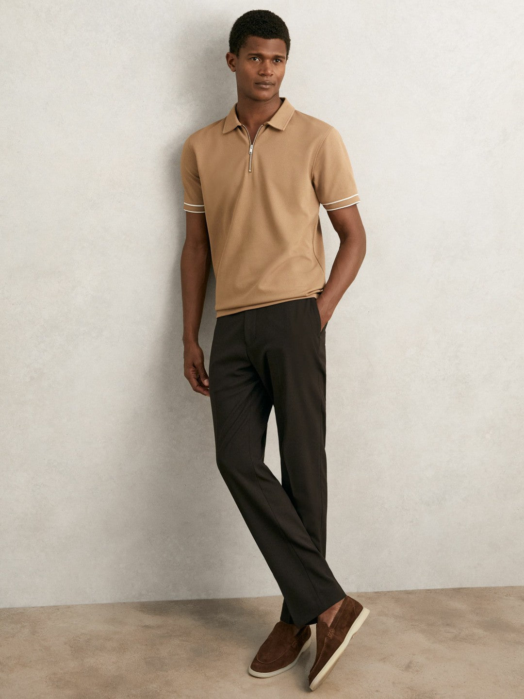 Reiss | Textured Half-Zip Tipped Polo Shirt in Camel
