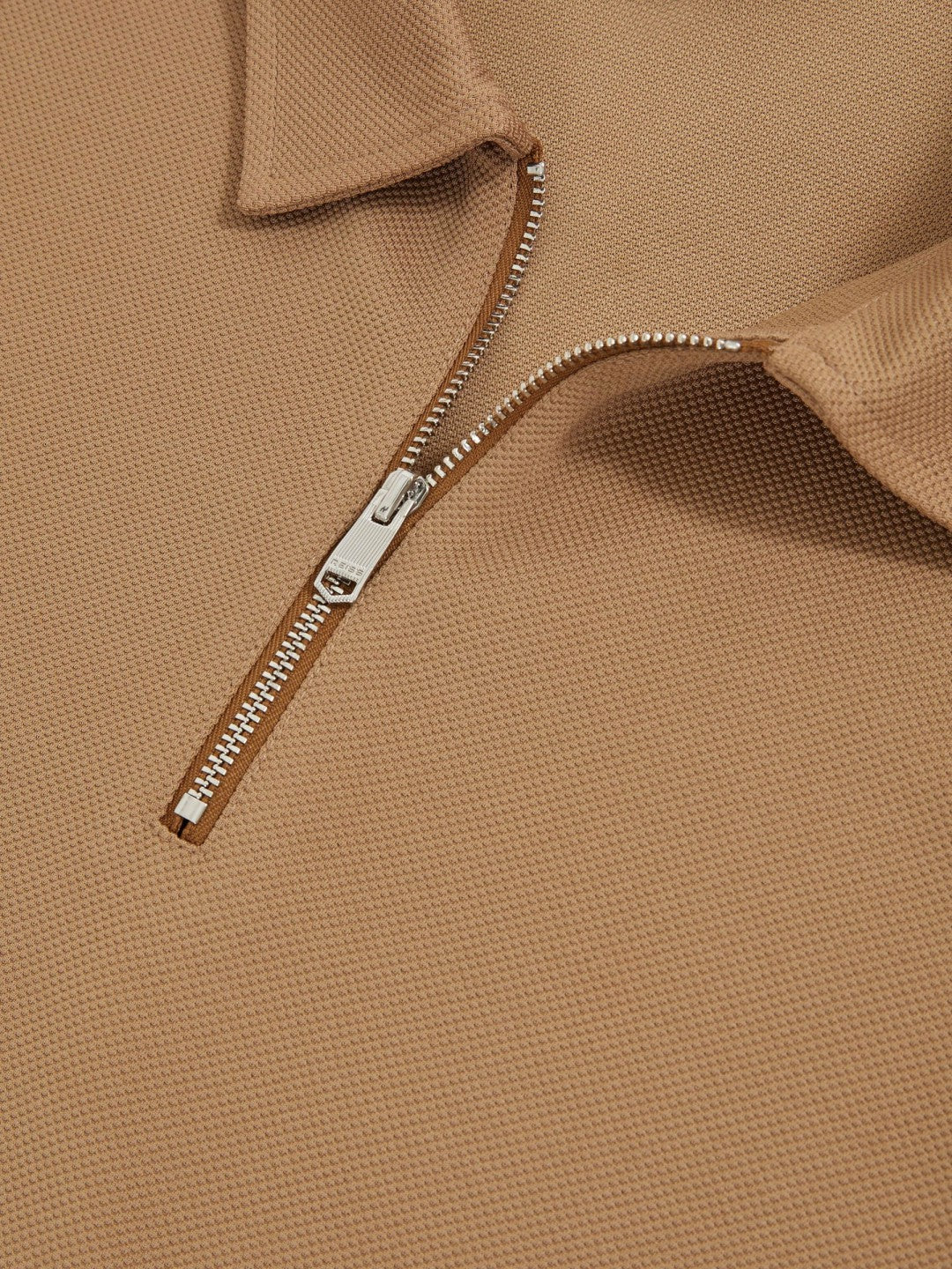 Reiss | Textured Half-Zip Tipped Polo Shirt in Camel