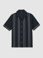 Reiss | Piped-Stripe Cuban-Collar Shirt in Navy/White