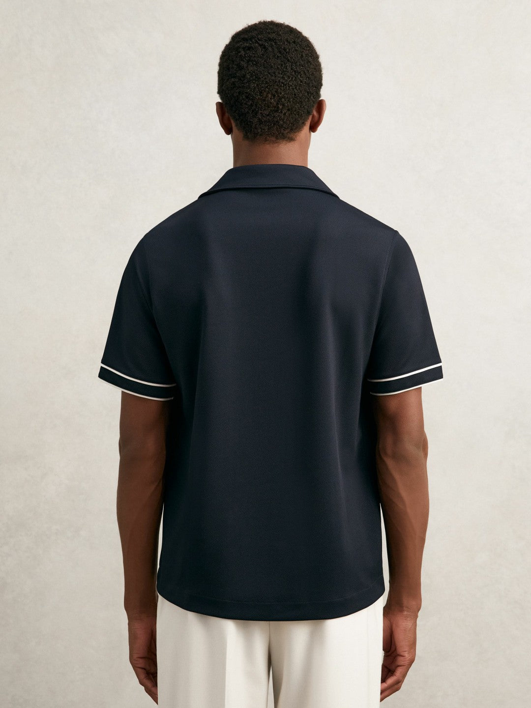 Reiss | Piped-Stripe Cuban-Collar Shirt in Navy/White