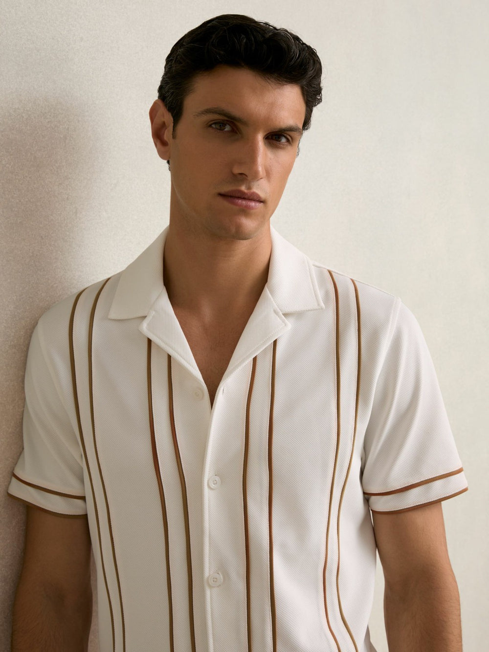 Reiss | Piped-Stripe Cuban-Collar Shirt in White/Camel