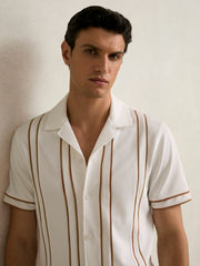 Reiss | Piped-Stripe Cuban-Collar Shirt in White/Camel