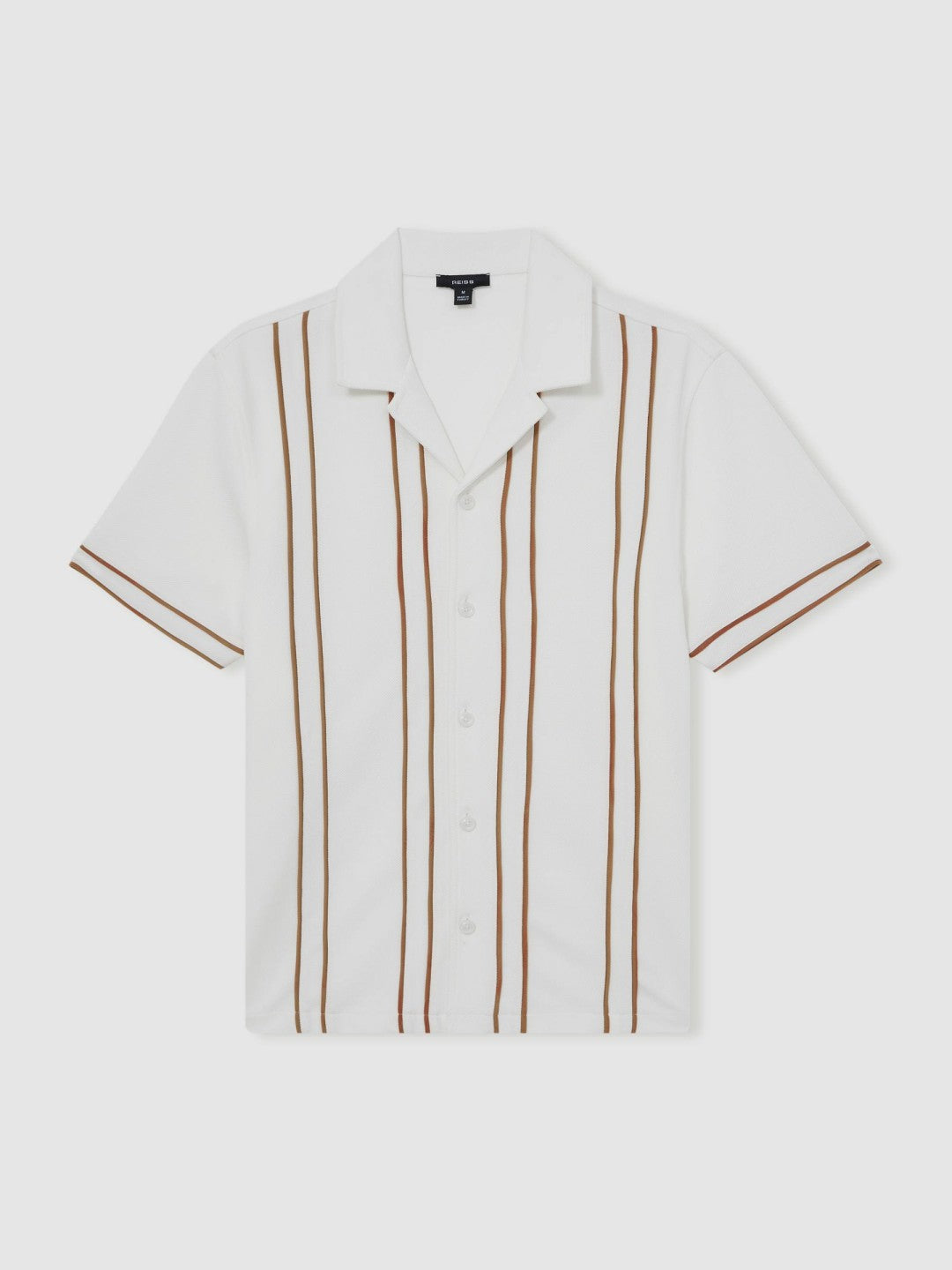 Reiss | Piped-Stripe Cuban-Collar Shirt in White/Camel