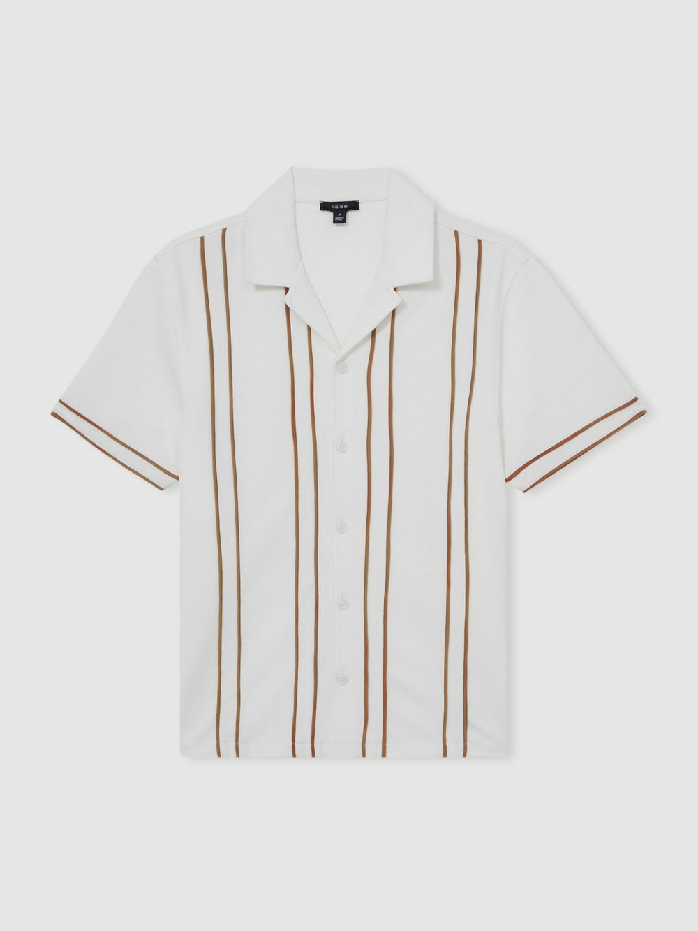 Reiss | Piped-Stripe Cuban-Collar Shirt in White/Camel