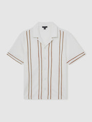 Reiss | Piped-Stripe Cuban-Collar Shirt in White/Camel