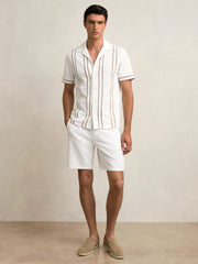 Reiss | Piped-Stripe Cuban-Collar Shirt in White/Camel