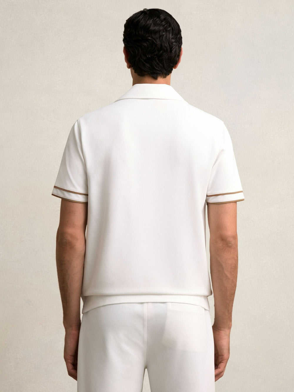 Reiss | Piped-Stripe Cuban-Collar Shirt in White/Camel