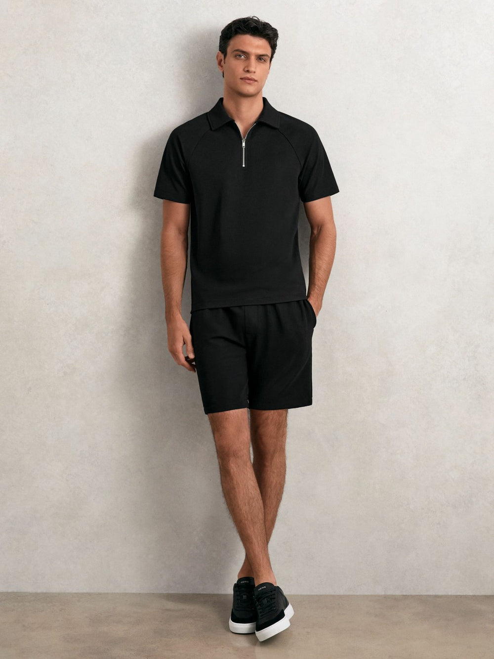Reiss | Textured Raglan Half-Zip Polo Shirt in Black