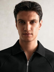 Reiss | Textured Raglan Half-Zip Polo Shirt in Black