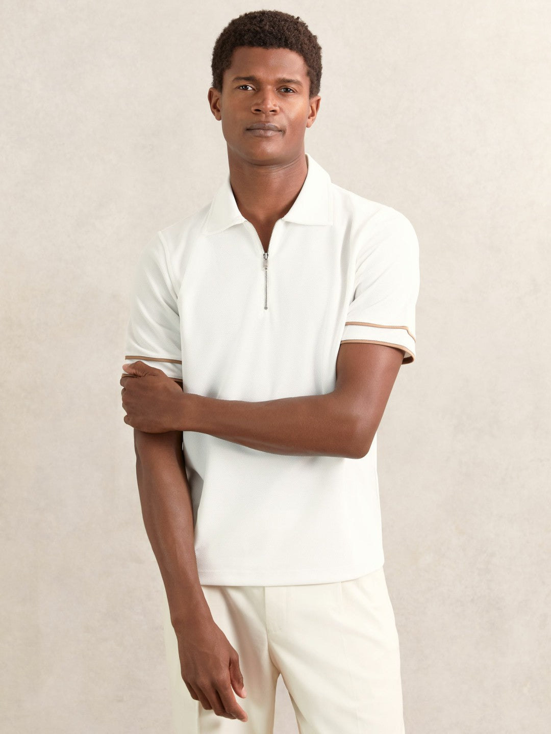 Reiss | Textured Half-Zip Tipped Polo Shirt in White