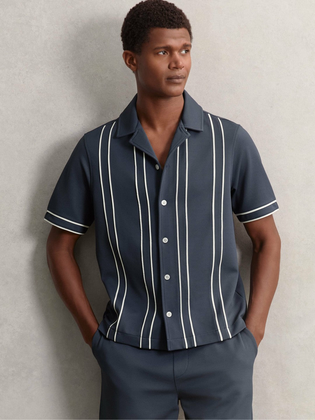Reiss | Piped-Stripe Cuban-Collar Shirt in Airforce Blue