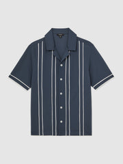 Reiss | Piped-Stripe Cuban-Collar Shirt in Airforce Blue