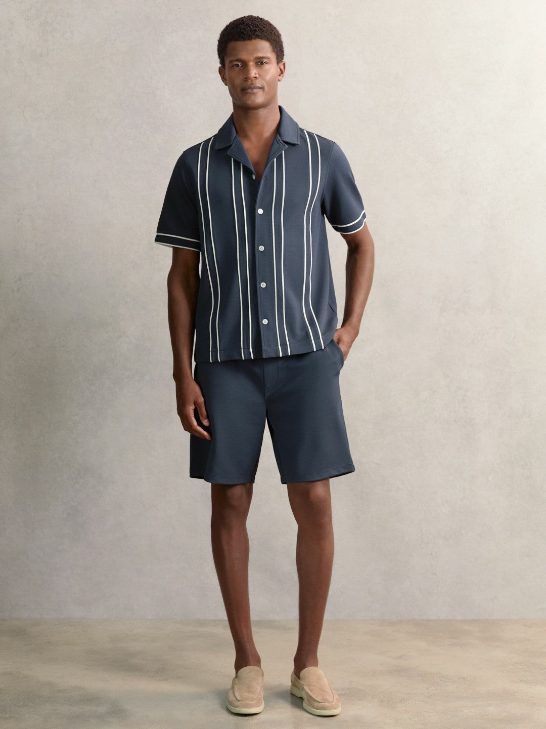 Reiss | Piped-Stripe Cuban-Collar Shirt in Airforce Blue