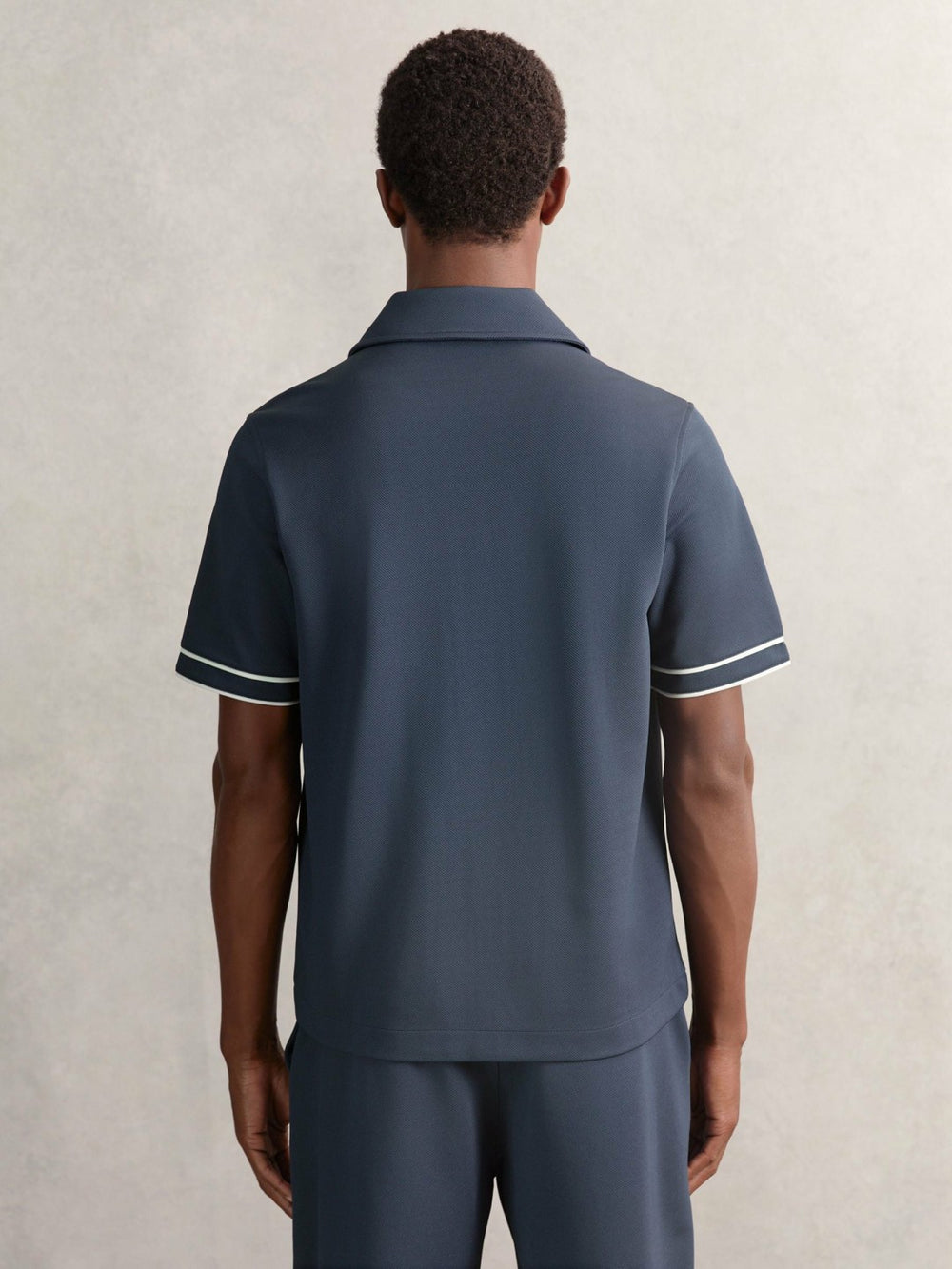Reiss | Piped-Stripe Cuban-Collar Shirt in Airforce Blue