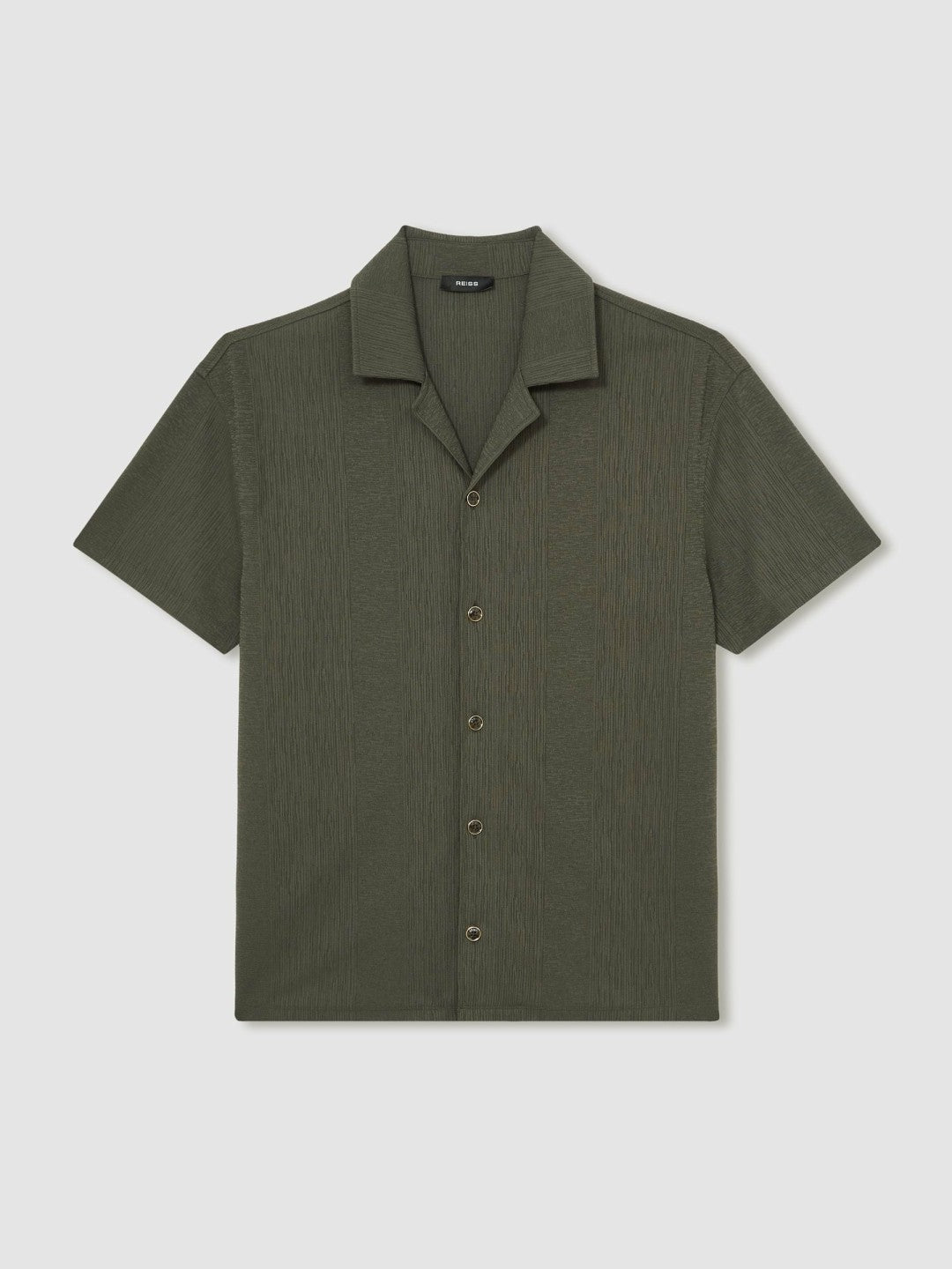 Reiss | Jacquard-Stripe Cuban-Collar Shirt in Dark Green