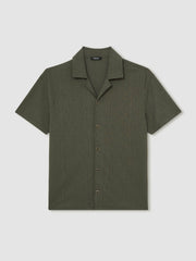 Reiss | Jacquard-Stripe Cuban-Collar Shirt in Dark Green