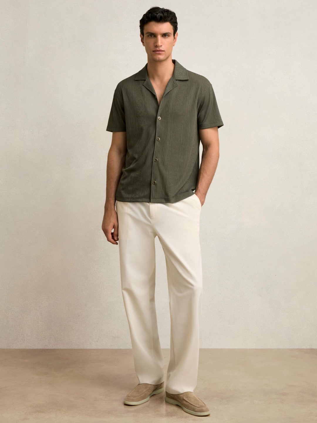 Reiss | Jacquard-Stripe Cuban-Collar Shirt in Dark Green