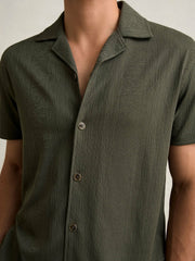Reiss | Jacquard-Stripe Cuban-Collar Shirt in Dark Green