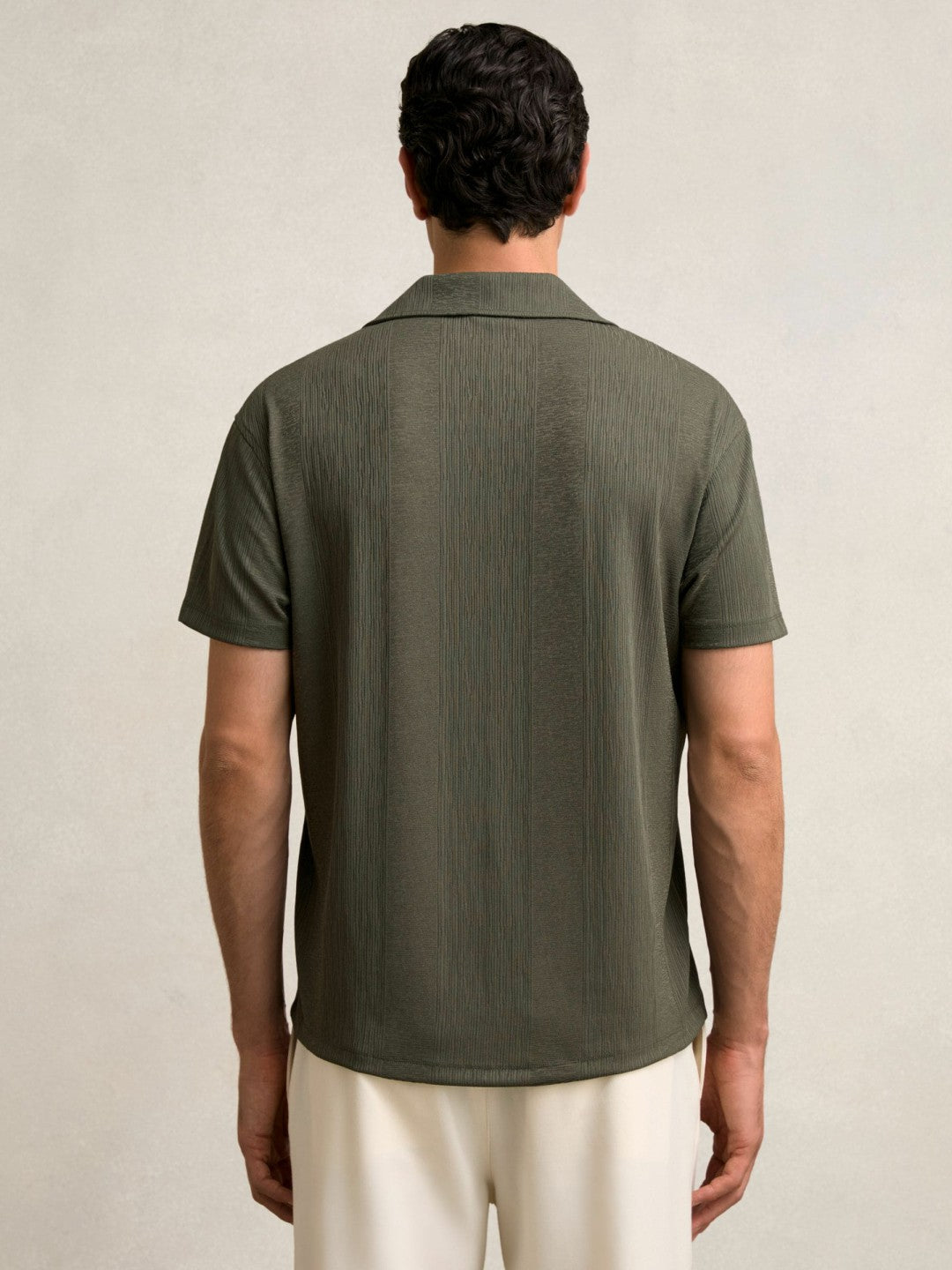 Reiss | Jacquard-Stripe Cuban-Collar Shirt in Dark Green