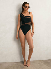 Reiss | One Shoulder Mesh Panel Swimsuit in Black