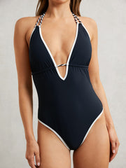 Reiss | Contrast-Trim Plunge-Neck Swimsuit in Navy/White